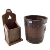 An oak candle box with trefoil cut out, 40cmH, and a brass bound copered bucket 28cmH