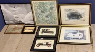 Mixed lot of framed prints to include images of pigs, classic motor etc various sizes