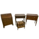 Quantity of general brown furniture to include a small bureau, canterbury, and two side tables