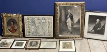 Collection of pictured and prints to include an oil on board of a C19th lady in an oval gilt