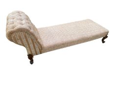 Chaise Longue, upholstered in a striped Edwardian style fabric 190m L x 68cm D x 75cm H