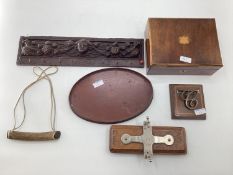 Collection of Misc items to incl desk paper clip, a press, inlaid box, carved oak panel etc