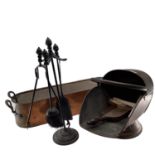 A collection of fireside items, tools and stand, Helmet shaped scuttle, fire screen, large copper