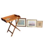 Modern Butlers tray and stand and 3 decorative prints