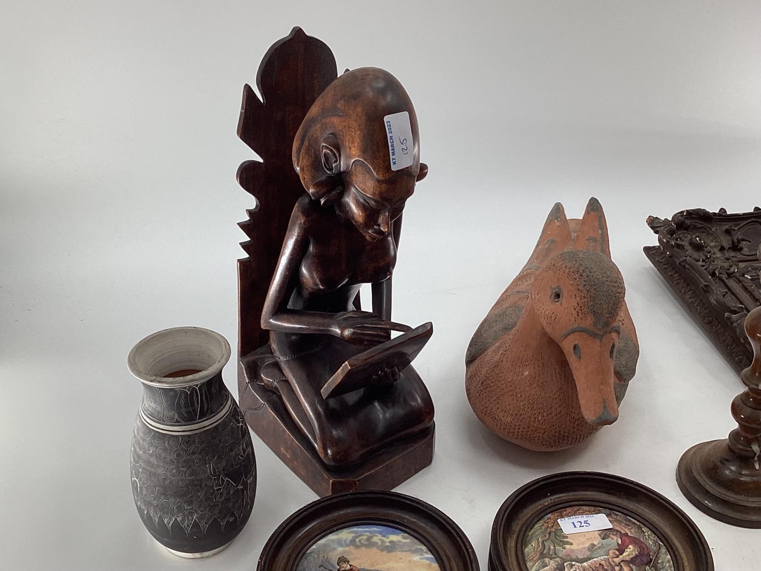 A misc collection of items to include framed Pot Lids, West African hardwood items and C20th - Image 5 of 7