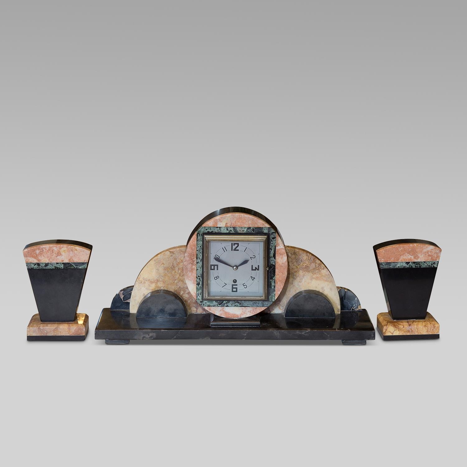 An Art Deco marble mantle clock and garniture Width 60, Height 40 and Depth 13 cm Clock Height 18 - Image 12 of 12