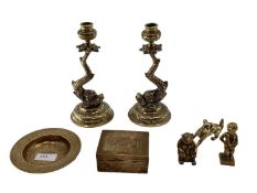 Collection of brass items to include a pair of stylised dolphin candlesticks etc