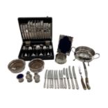 Collection of electroplated and white metal items to include a pierced picture frame, cutlery and