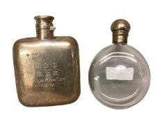 A sterling silver hip flask by John William Johnson, Lonson 1886, and a silver topped circular glass