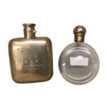 A sterling silver hip flask by John William Johnson, Lonson 1886, and a silver topped circular glass