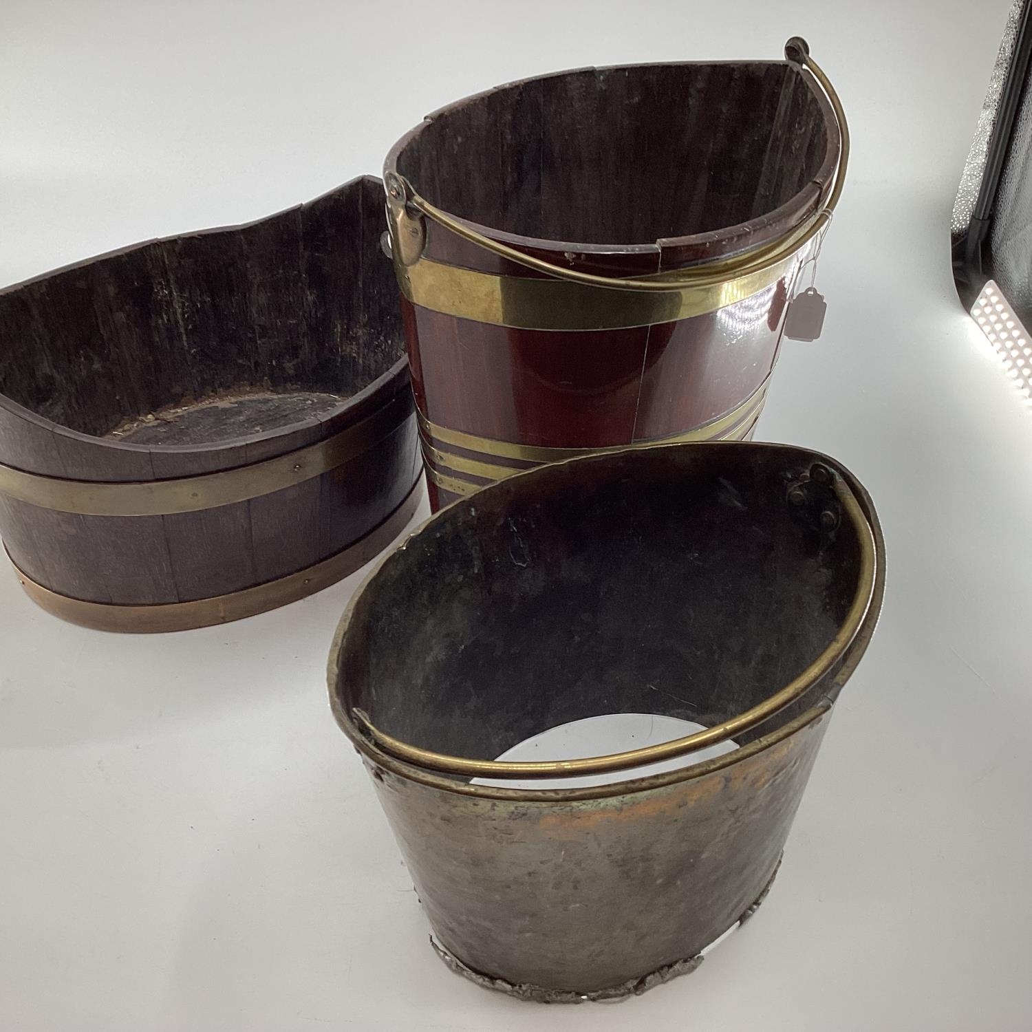 A mahogany and brass bound peat bucket with brass liner, together with an oak and brass example, - Image 3 of 3