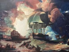 M Topham (British XX), oil on canvas of a maritime battle scene, in gilt ebonised frame, 60x 90cm