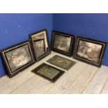 Set of 4 etching style hunting prints in recessed glazed frames, one without glass. Together with