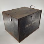 A cast metal strong box with looped carrying handles, marked "Croxton Estate", 36 x 47 x 33