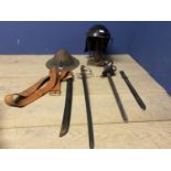 A reproduction/reinactment , Lobster pot helmet on stand, together with studded kettle helmet,