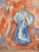 A decorative, Late C20th, oil on canvas, abstract of a lady, in blues, pinks and red wash, and