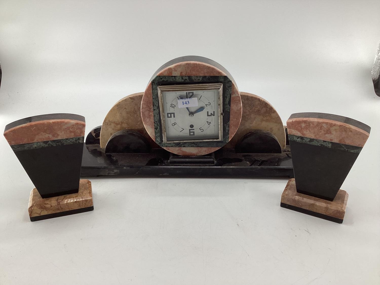 An Art Deco marble mantle clock and garniture Width 60, Height 40 and Depth 13 cm Clock Height 18 - Image 2 of 12