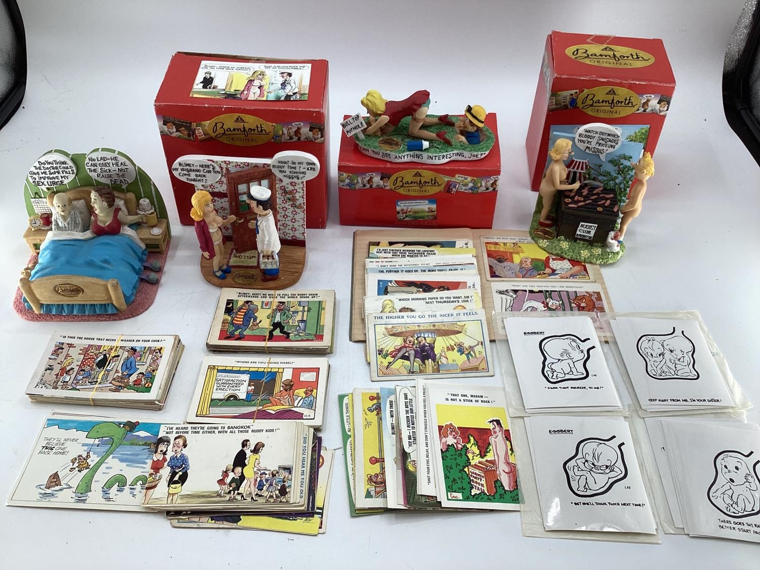 BAMFORTH: Four Bamforth original ceramic novelty figure groups, three in original boxes based on