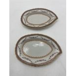 Pair of small hand painted Chinese export porcelain leaf form serving dishes with real gilt and