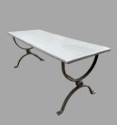A Steel Table, with ball and rope twisted stretcher with oak painted grey top and waxed, Length