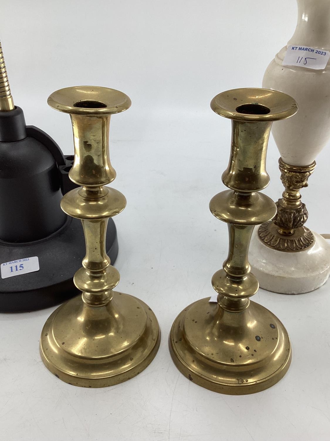 Pair of gilt brass candle sticks and a modern adjustable wall lamp and one other - Image 5 of 6