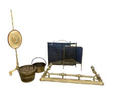 Collection of fireside items to include 2 fire screens, a pole screen with embroidery oval panel,