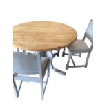 Grey painted pedestal table, with four grey chairs with drop in seats, as found (there are four