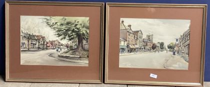 Pair of watercolour street scenes of Berkhampstead by Harry Sheldon in glazed wooden frames, each