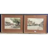 Pair of watercolour street scenes of Berkhampstead by Harry Sheldon in glazed wooden frames, each