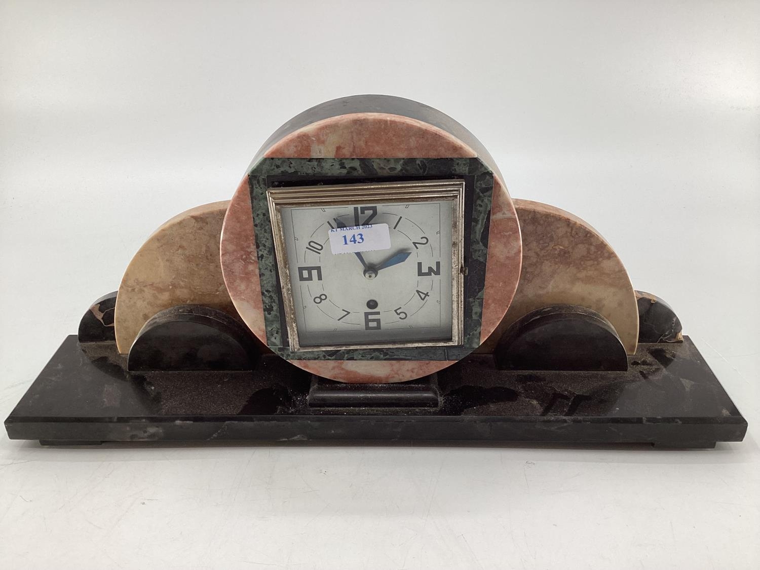 An Art Deco marble mantle clock and garniture Width 60, Height 40 and Depth 13 cm Clock Height 18 - Image 3 of 12