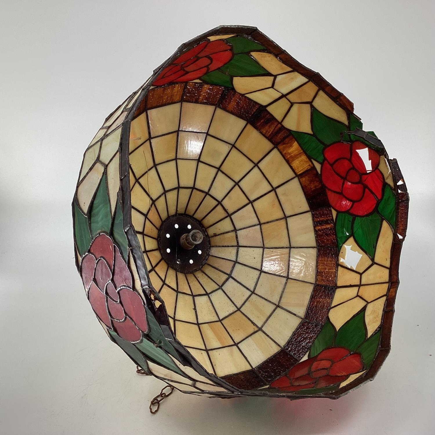 Large Tiffany Style lead glass celling lamp shade, some damage and losses, 53cm d - Image 7 of 8