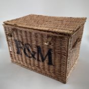 Large Fortnum and Masons wicker hamper, F & M to front, with leather buckles, 40 x40 x 57 approx