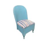 A blue painted old wicker Lloyd Loom style bathroom chair, as found with wear