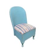 A blue painted old wicker Lloyd Loom style bathroom chair, as found with wear