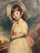 Reproduction oil on canvas, young Victorian Girl, labelled verso 'Miss Willoughby by Romney' in an