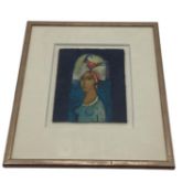 MARG BOND(1939-), The Bird Lady, Oil on Board in a gilt glazed frame, artwork 25cm x 15cm