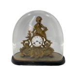 French gilt mantle clock, surmounted by Cherbub figure reading a book, in a glass dome