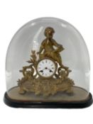 French gilt mantle clock, surmounted by Cherbub figure reading a book, in a glass dome