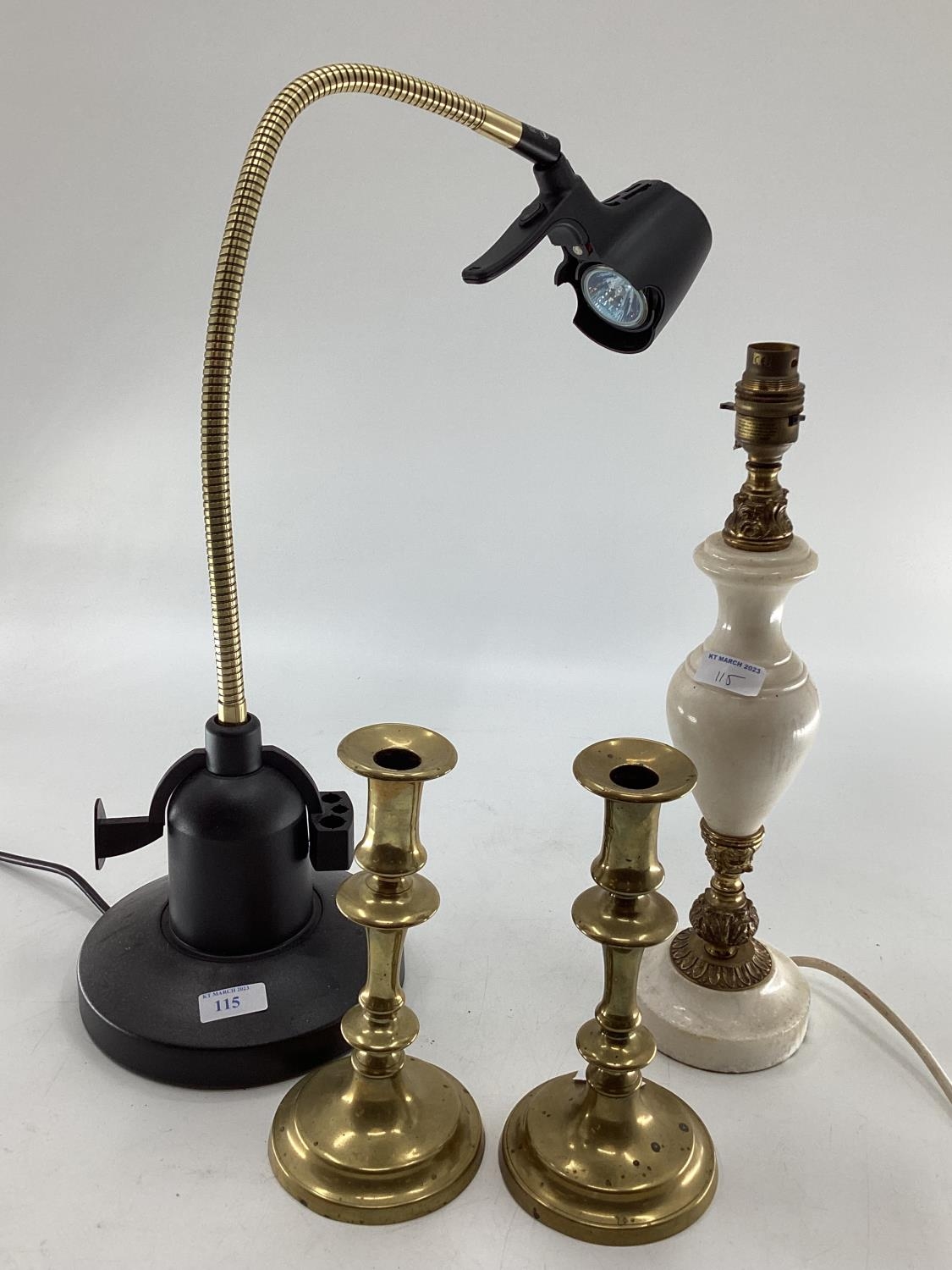 Pair of gilt brass candle sticks and a modern adjustable wall lamp and one other - Image 2 of 6