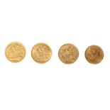 Three half sovereigns, and a gold 2 1/2 Dollar, 1901 coin, Gross 16.6g