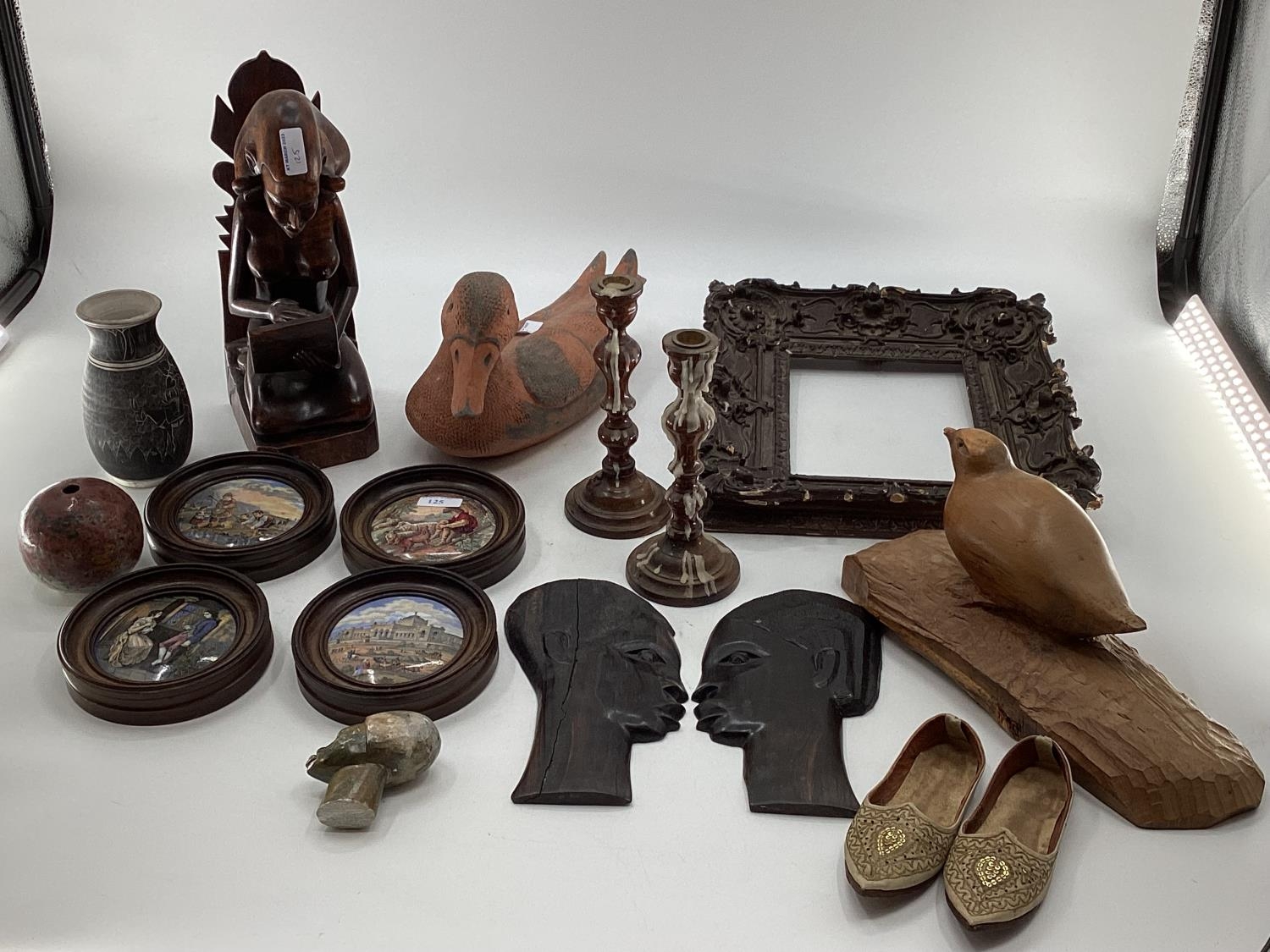 A misc collection of items to include framed Pot Lids, West African hardwood items and C20th - Image 2 of 7