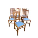 Set of 6 light coloured oak kitchen chairs, with blue seats