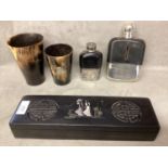 Two plated and leather hip flass, and two horn beakers, and inlaid boxed chopstick set
