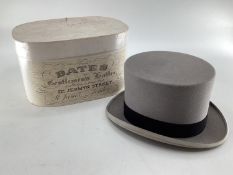 A grey top hat retailed by Bates, Jermyn Street in original box