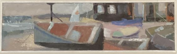 CLIFFORD FISHWICK, (British 1923-1997), Oil on Board, Fishing Boats on Beach, in a glazed box frame,