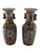 A pair of small late C19th/early C20th Chinese Famille Rose Baluster vases, gilt decoration with