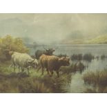 Framed and glazed prints of the Highlands and Cattle, titled on Mount, "Sunrise and Sunset on Loch