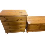 SIX ITEMS of modern pine furniture including small wardrobe, two chest of drawers, trunk and bedside