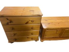 SIX ITEMS of modern pine furniture including small wardrobe, two chest of drawers, trunk and bedside