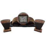 An Art Deco marble mantle clock and garniture Width 60, Height 40 and Depth 13 cm Clock Height 18